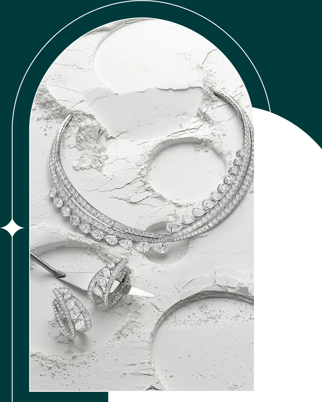 Elegant silver necklace and matching earrings displayed on a textured white surface with artistic circular patterns Silver Shop in kannur